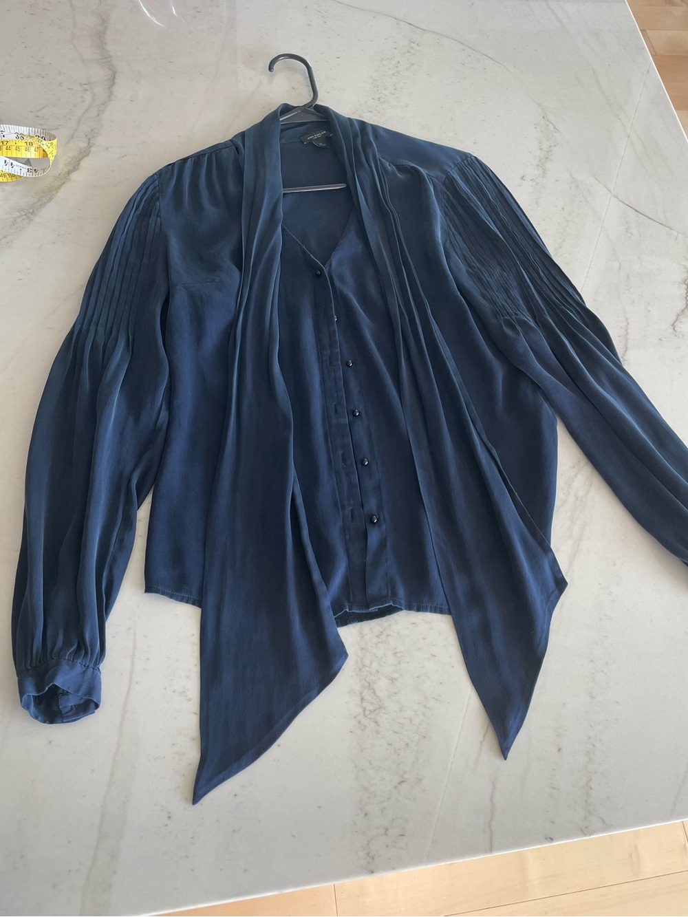 Ann Taylor Navy Tie-Front Blouse tie bow silk small s quiet luxury